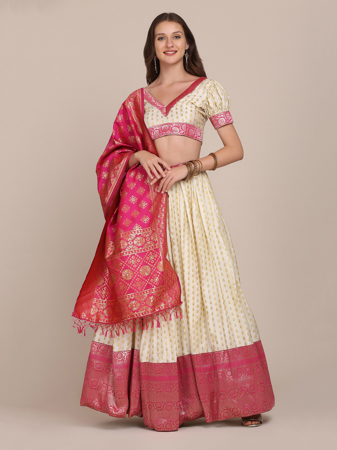 Warthy Ent Women White & Pink Semi-Stitched Lehenga & Unstitched Blouse With Dupatta