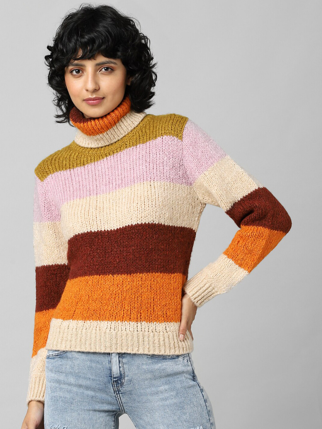 ONLY Women Pink & Maroon JDYDINEA L S STRIPE R Striped Pullover