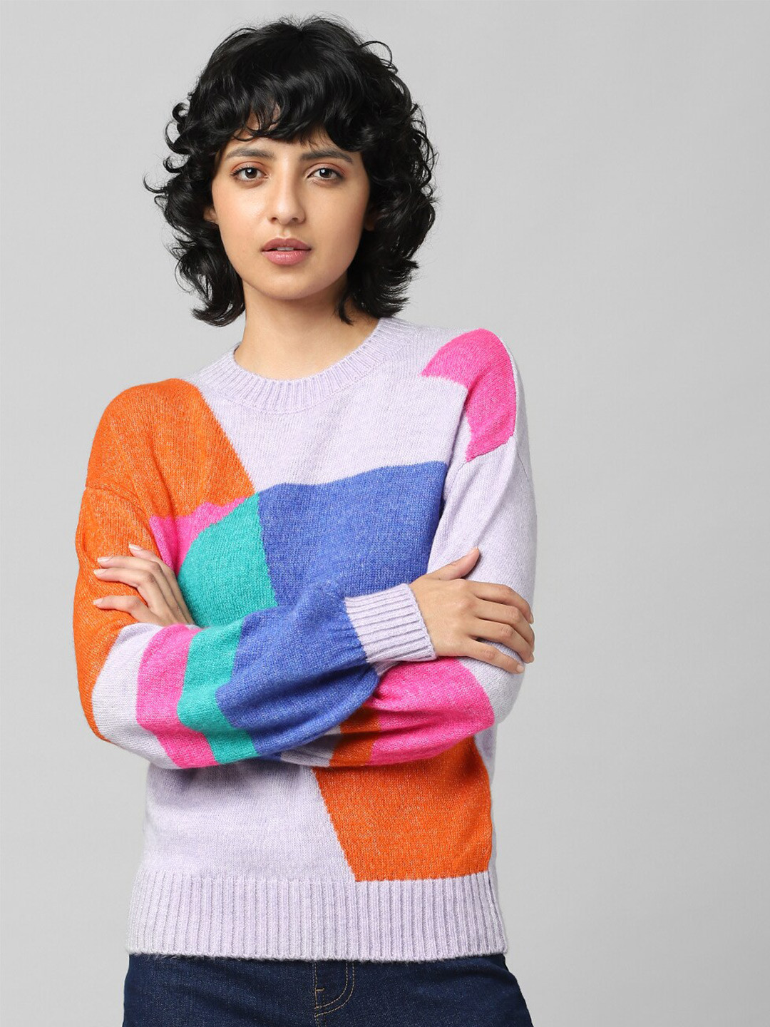 ONLY Women Lavender & Blue JDYVICKY L S COLOR BLO Colourblocked Pullover