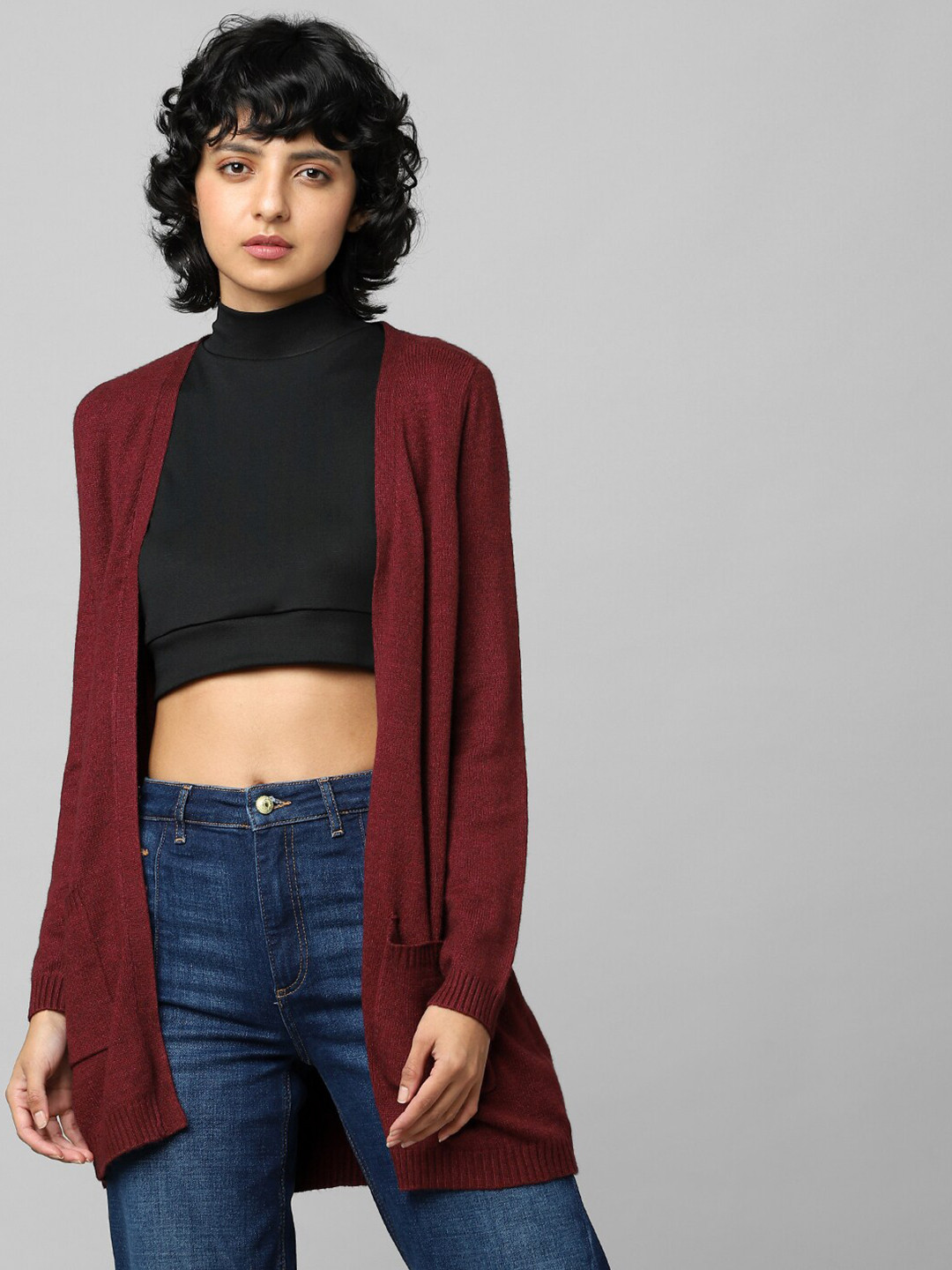 ONLY Women Maroon ONLLESLEY LS CARDIGAN IN Solid Longline Cardigan