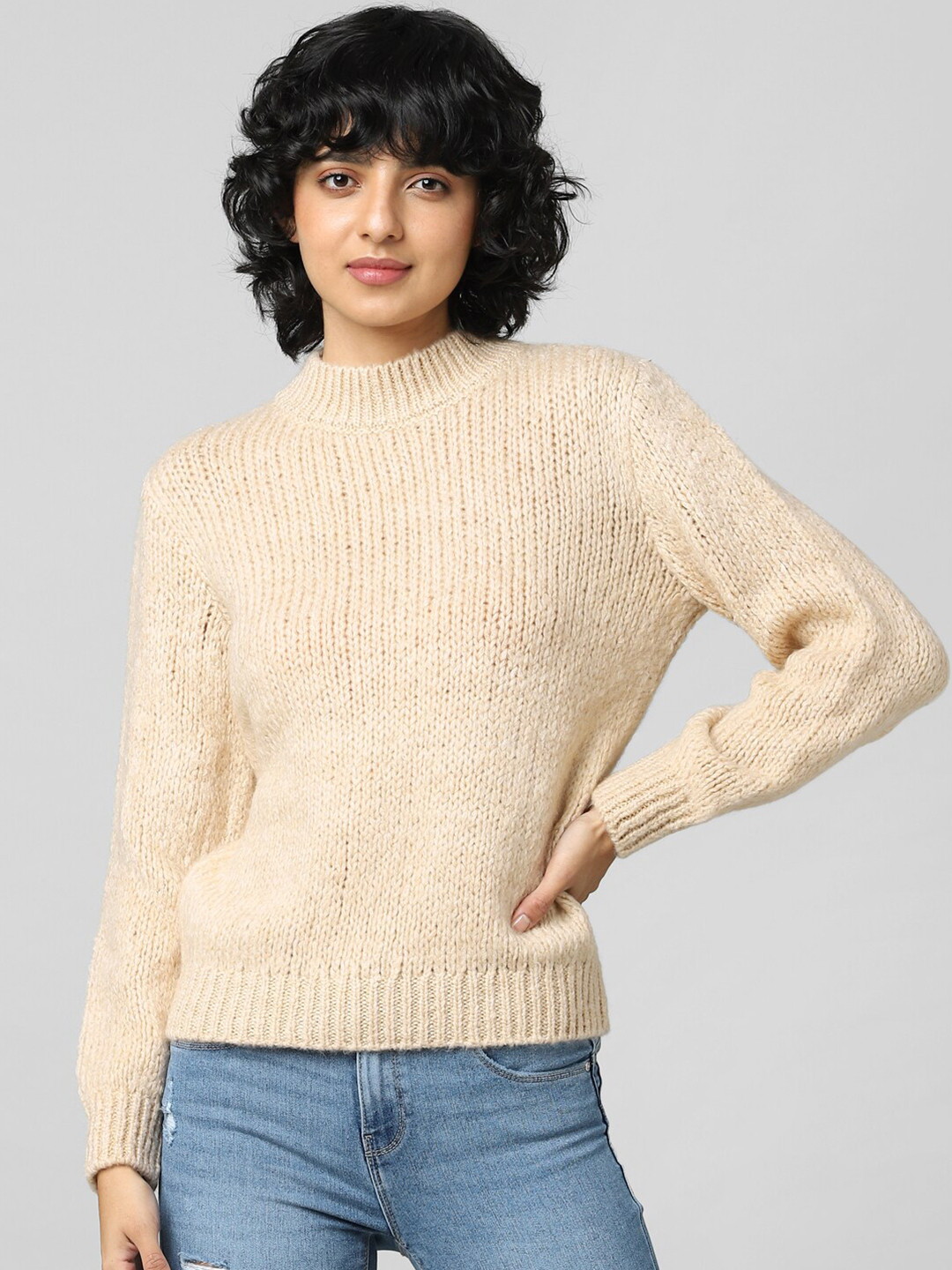 ONLY Women Beige JDYDINEA L S SOLID HIGHNECK Ribbed Pullover