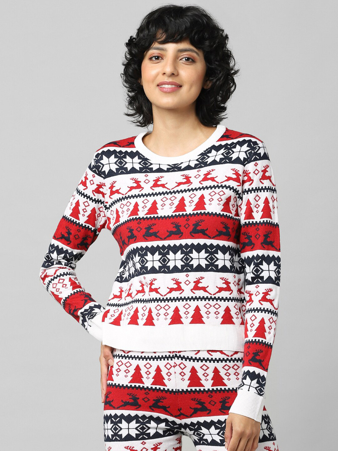 ONLY Women White & Red ONLXMAS COMFY DEER L S Printed Pullover