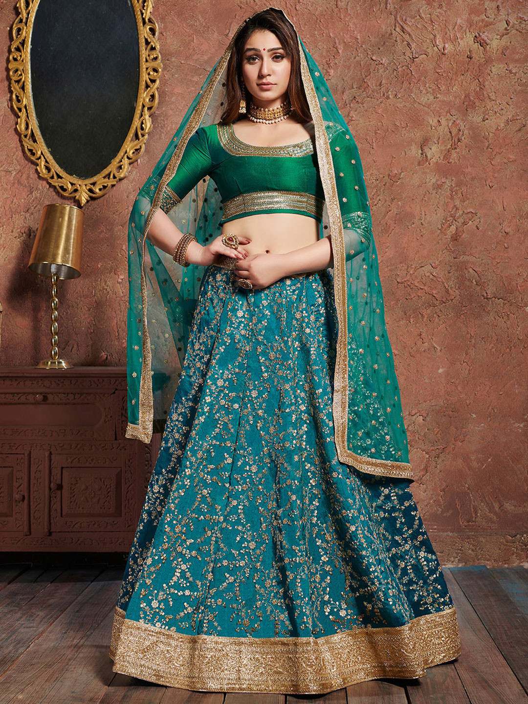 FABPIXEL Turquoise Blue & Gold Embroidered Semi-Stitched Lehenga Choli With Dupatta