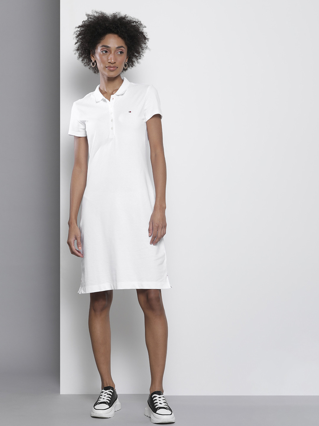 Tommy Hilfiger Women White Solid Polo Collar T-shirt Dress