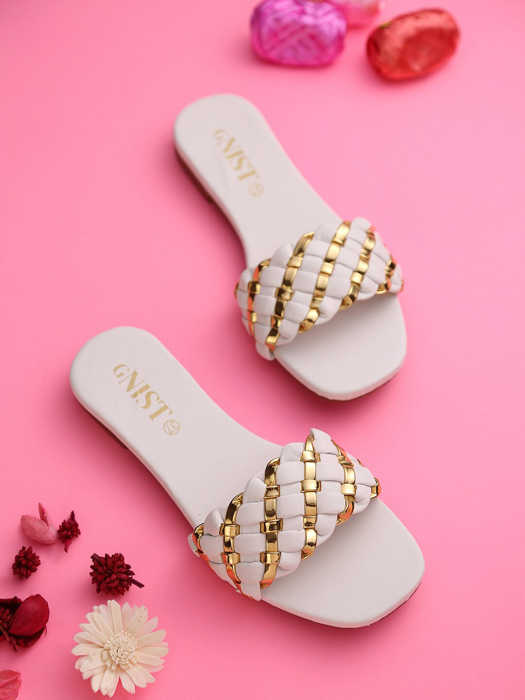 GNIST Women White Embellished Party Open Toe Flats