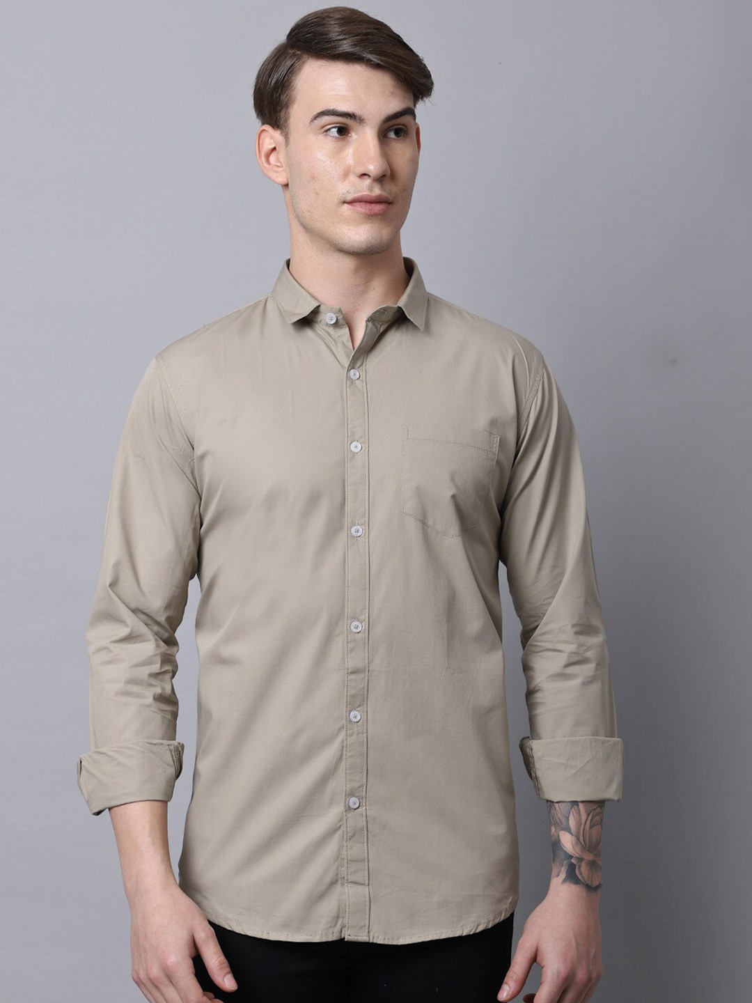 Majestic Man Men Beige Slim Fit Pure Cotton Casual Shirt