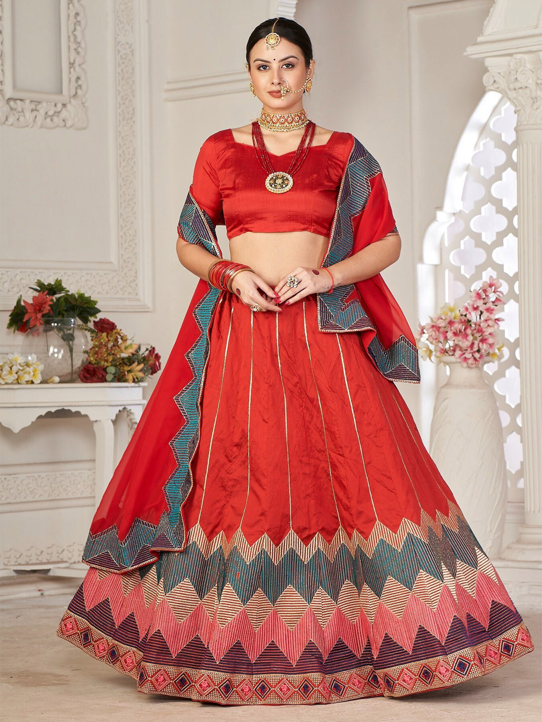 Warthy Ent Red & Green Embroidered Thread Work Semi-Stitched Lehenga & Unstitched Blouse With Dupatta