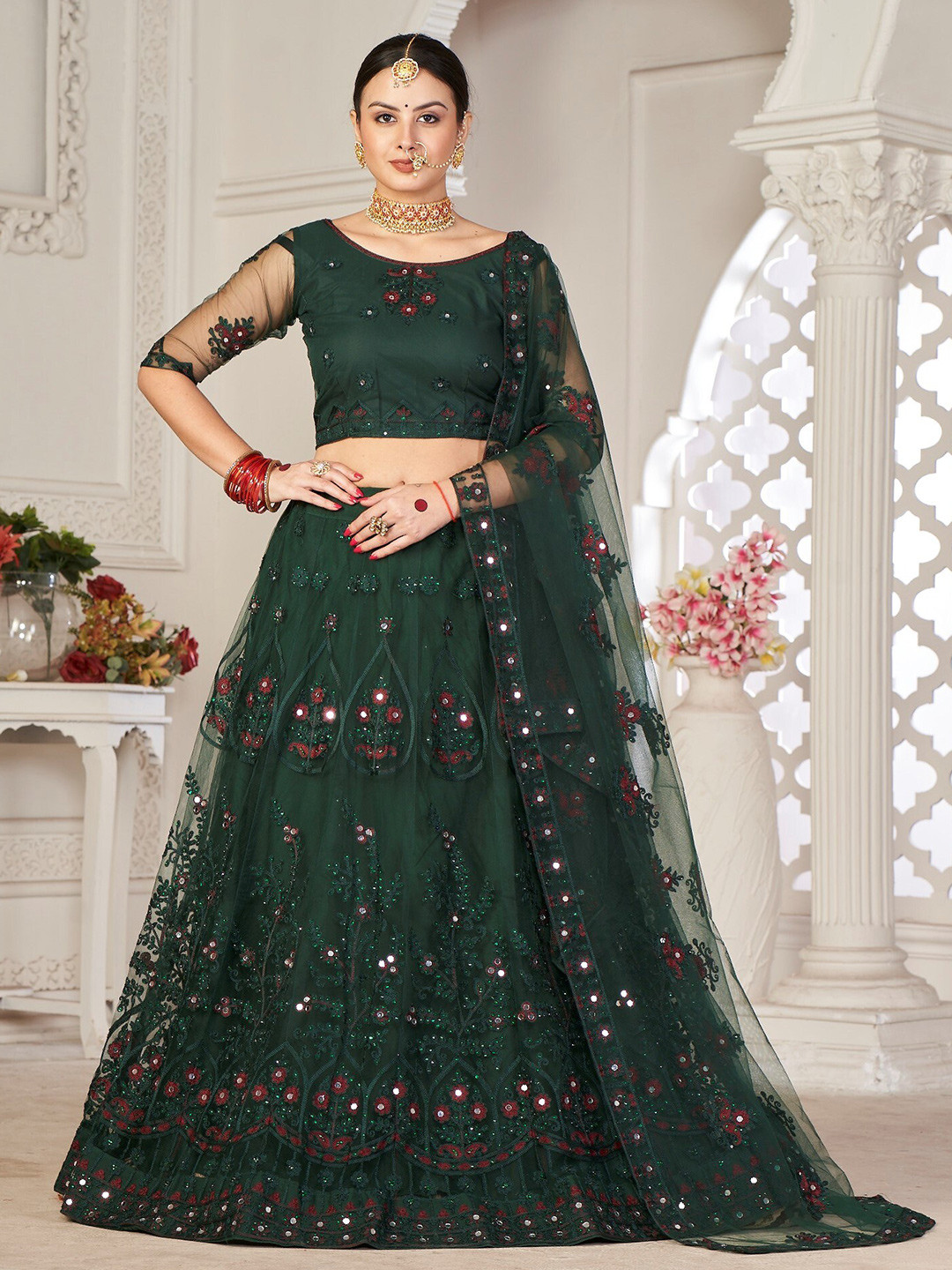 Warthy Ent Green & White Embroidered Thread Work Semi-Stitched Lehenga & Unstitched Blouse With Dupatta