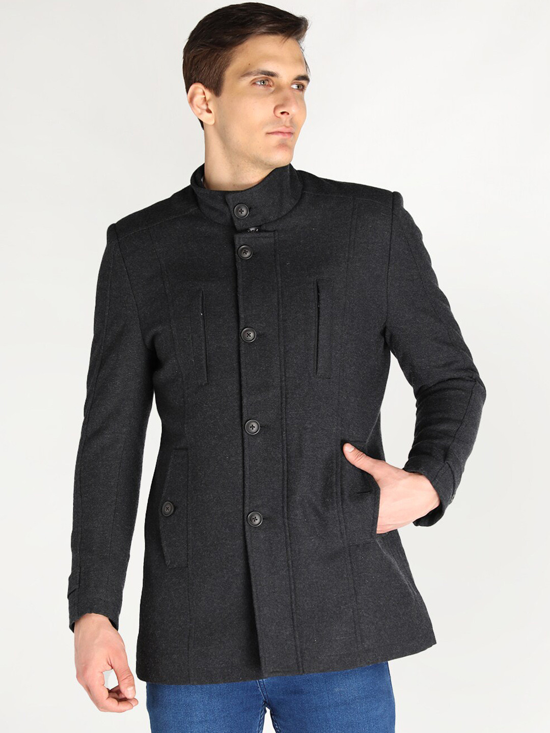 LURE URBAN Men Grey Solid Trench Coat