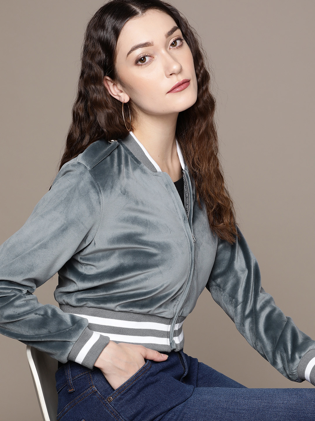 bebe Women Charcoal Grey All Day Crop Bomber Jacket