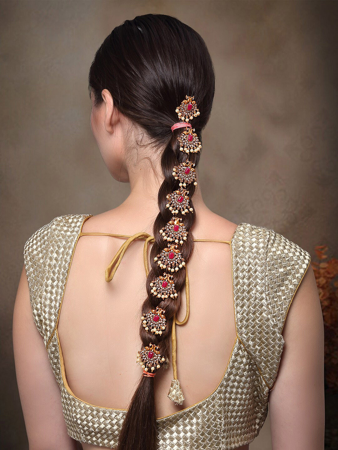 Yellow Chimes Set Of 9 Gold-Plated Red Crystal Studded Choti Hair Brooch