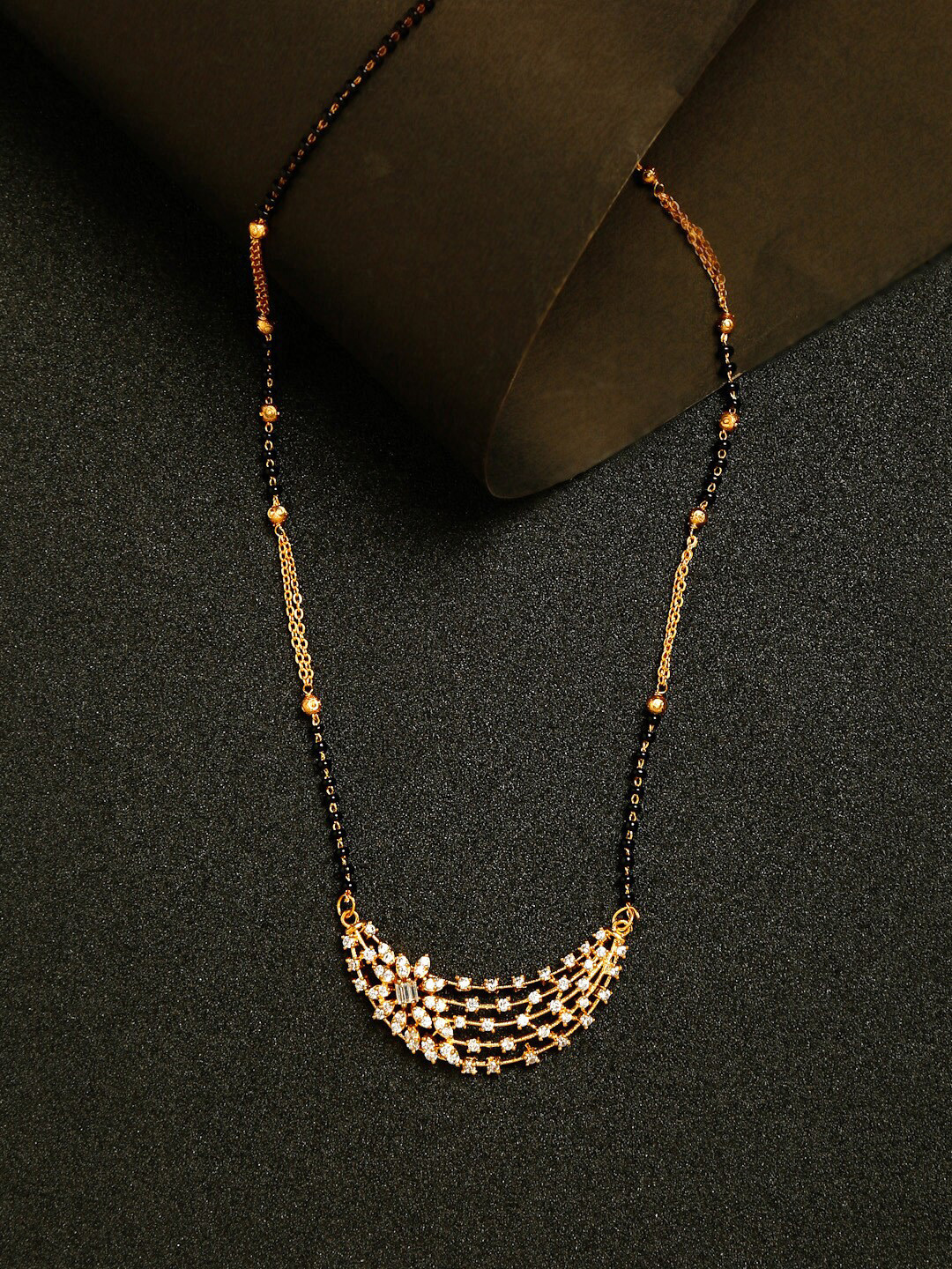 Yellow Chimes Gold-Plated Black AD Stone-Studded & Beaded Mangalsutra