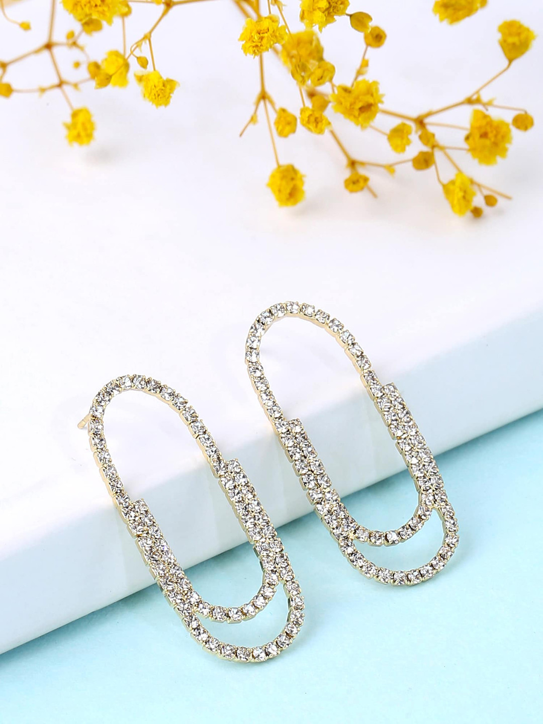 Yellow Chimes Gold Tone Pin designed Sparkling Crystal Studded Drop Stud Earrings