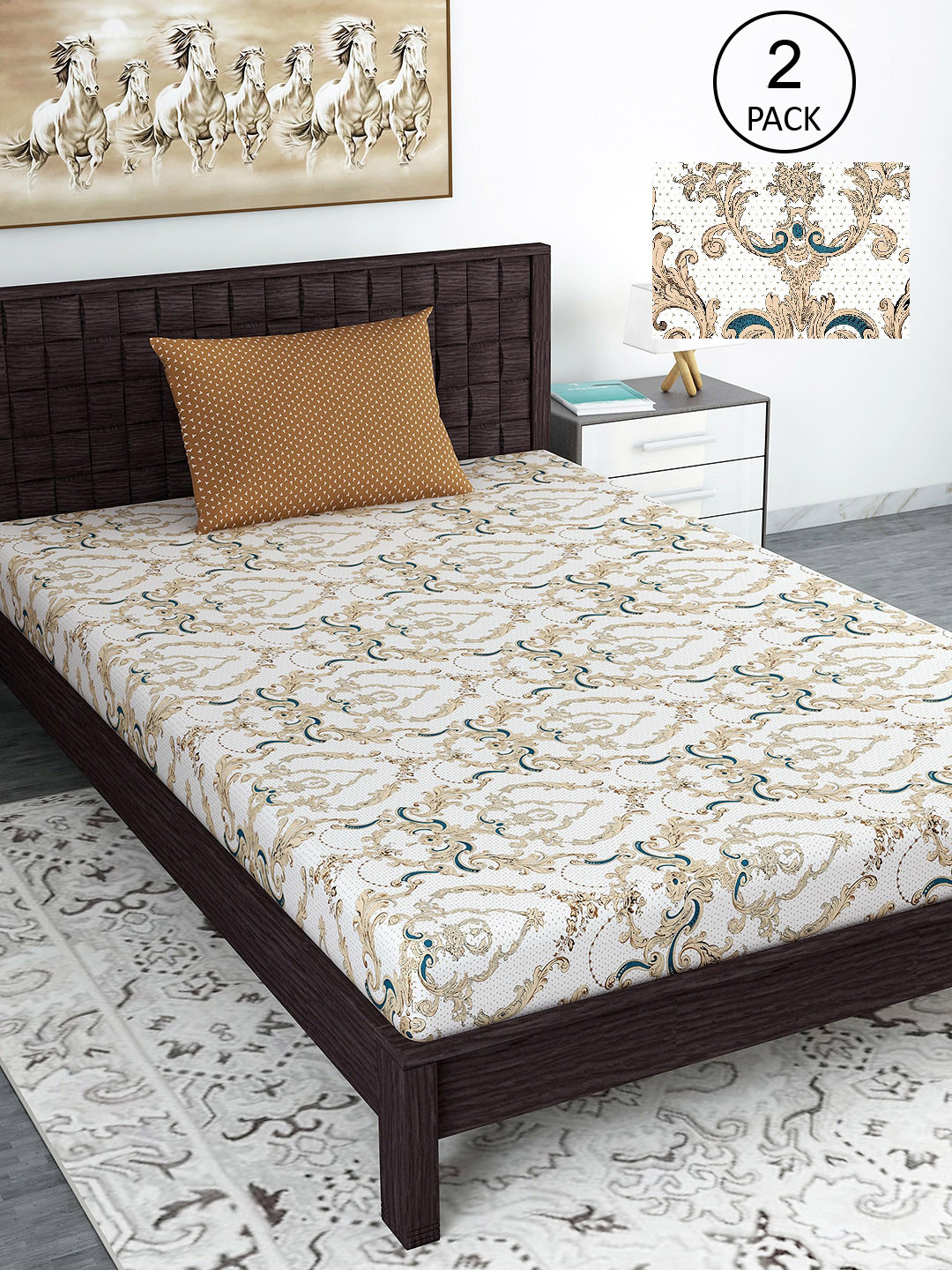Divine Casa Sense Beige Ethnic Motifs Cotton 144 TC Single 2 Bedsheet with 2 Pillow Covers-223 x 145 cm