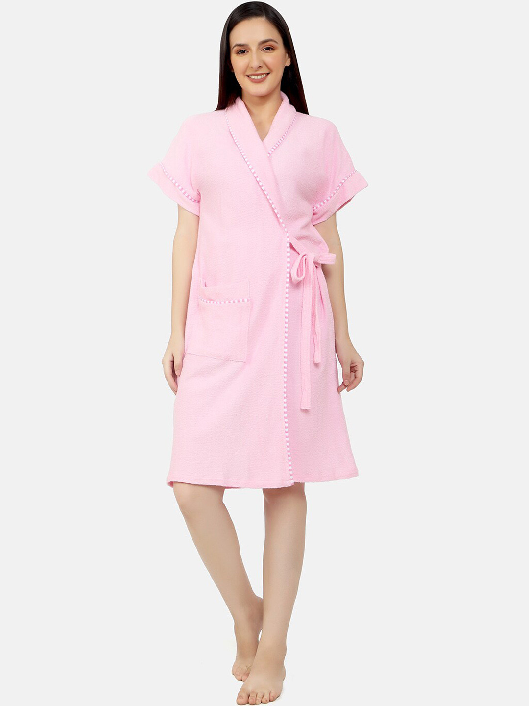 Sand Dune Pink Solid Cotton Drawstring Knee Length Bath Robe-M