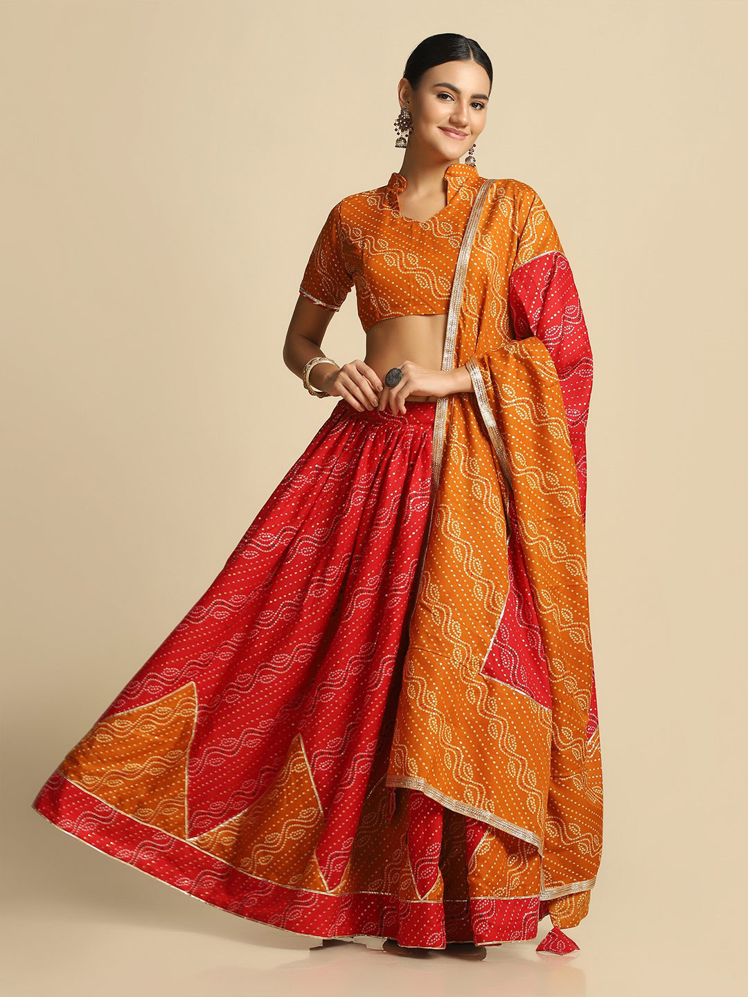 Warthy Ent Red & Brown Printed Semi-Stitched Lehenga & Unstitched Choli With Dupatta