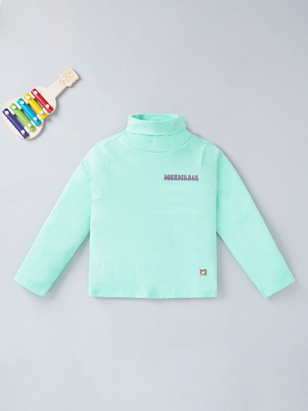 Ed-a-Mamma Girls Sea Green Typography Printed Turtle Neck Cotton T-shirt