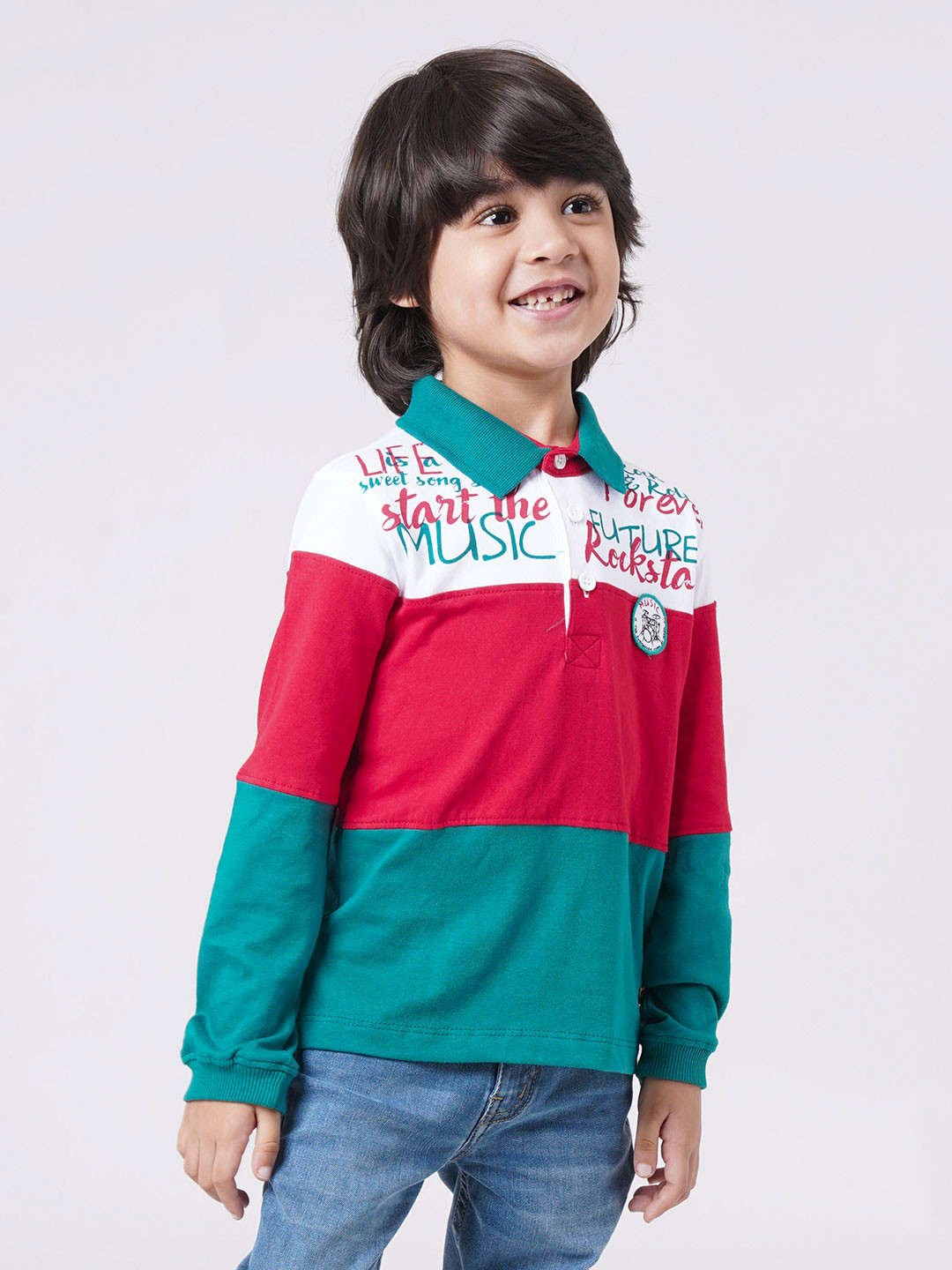 Ed-a-Mamma Boys Green & Red Colourblocked Polo Collar T-shirt
