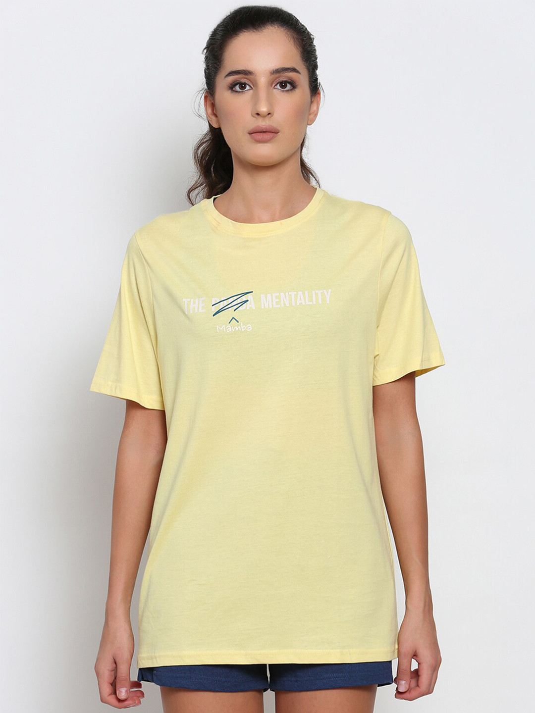deb Women Yellow Typography Printed Oversized Cotton T-shirt