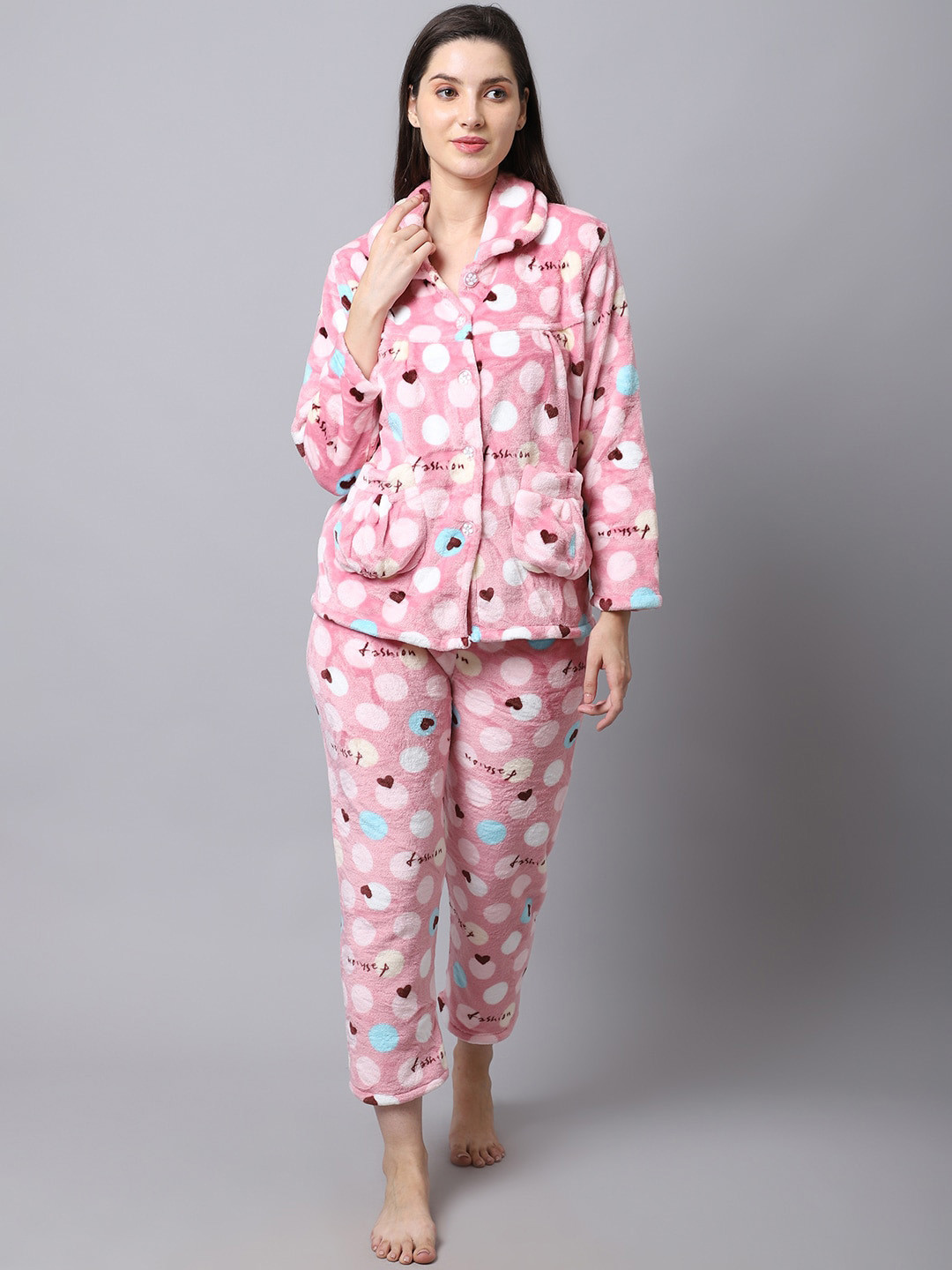 TAG 7 Women Pink & Off White Printed Night suit