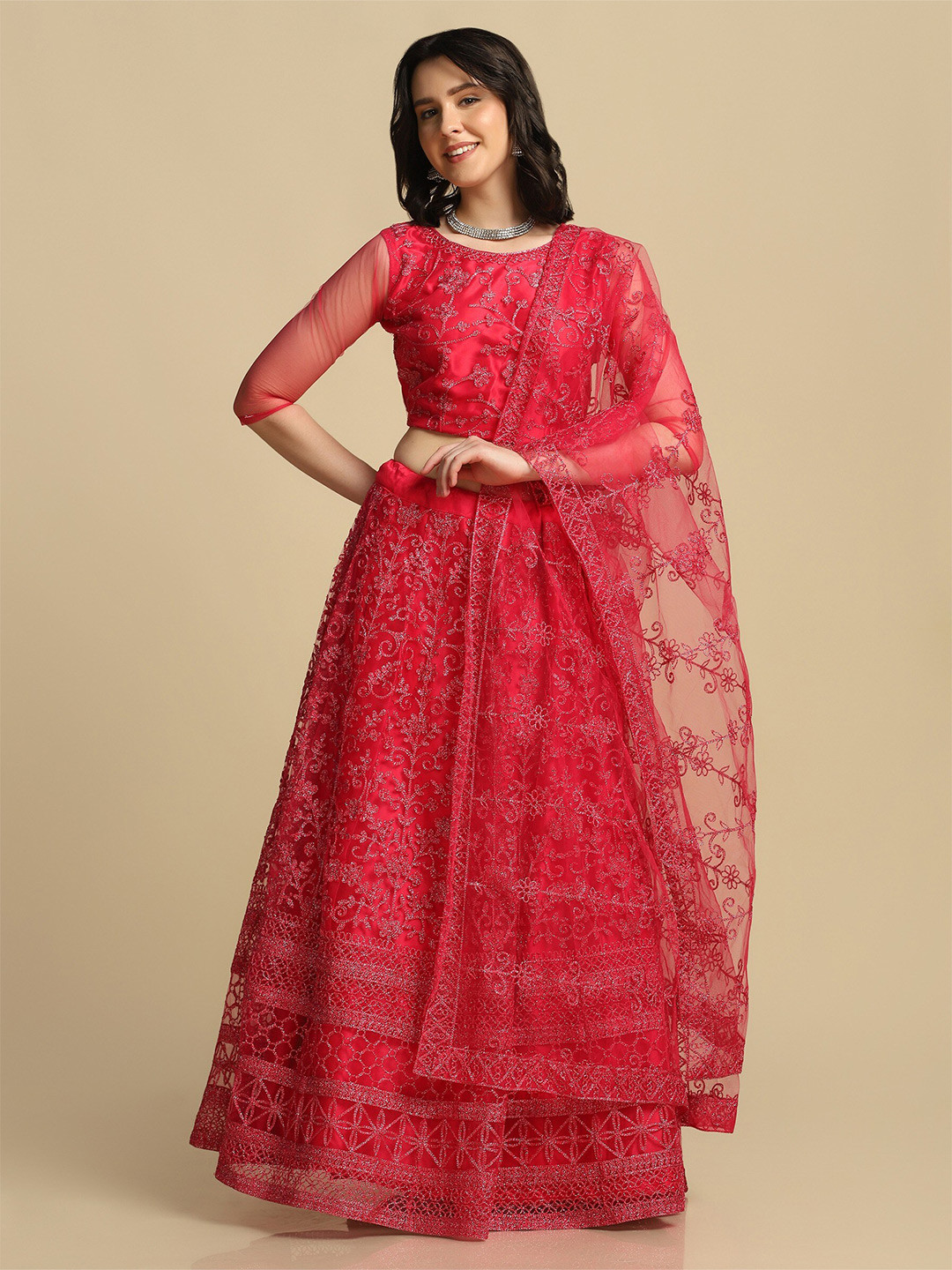 Warthy Ent Pink Embroidered Thread Work Semi-Stitched Lehenga & Unstitched Blouse With Dupatta