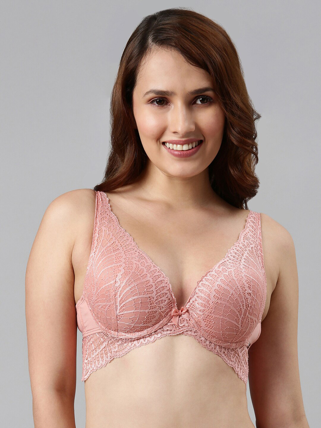 Enamor Padded Wired Medium Coverage Butterfly Frame with Lace Detailing Plunge Push-Up Embellished Bra