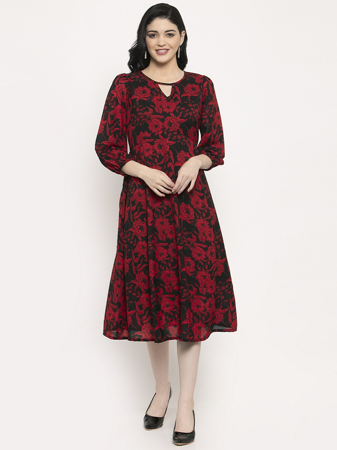 plusS Women's Black & Red Printed Floral Midi Dress