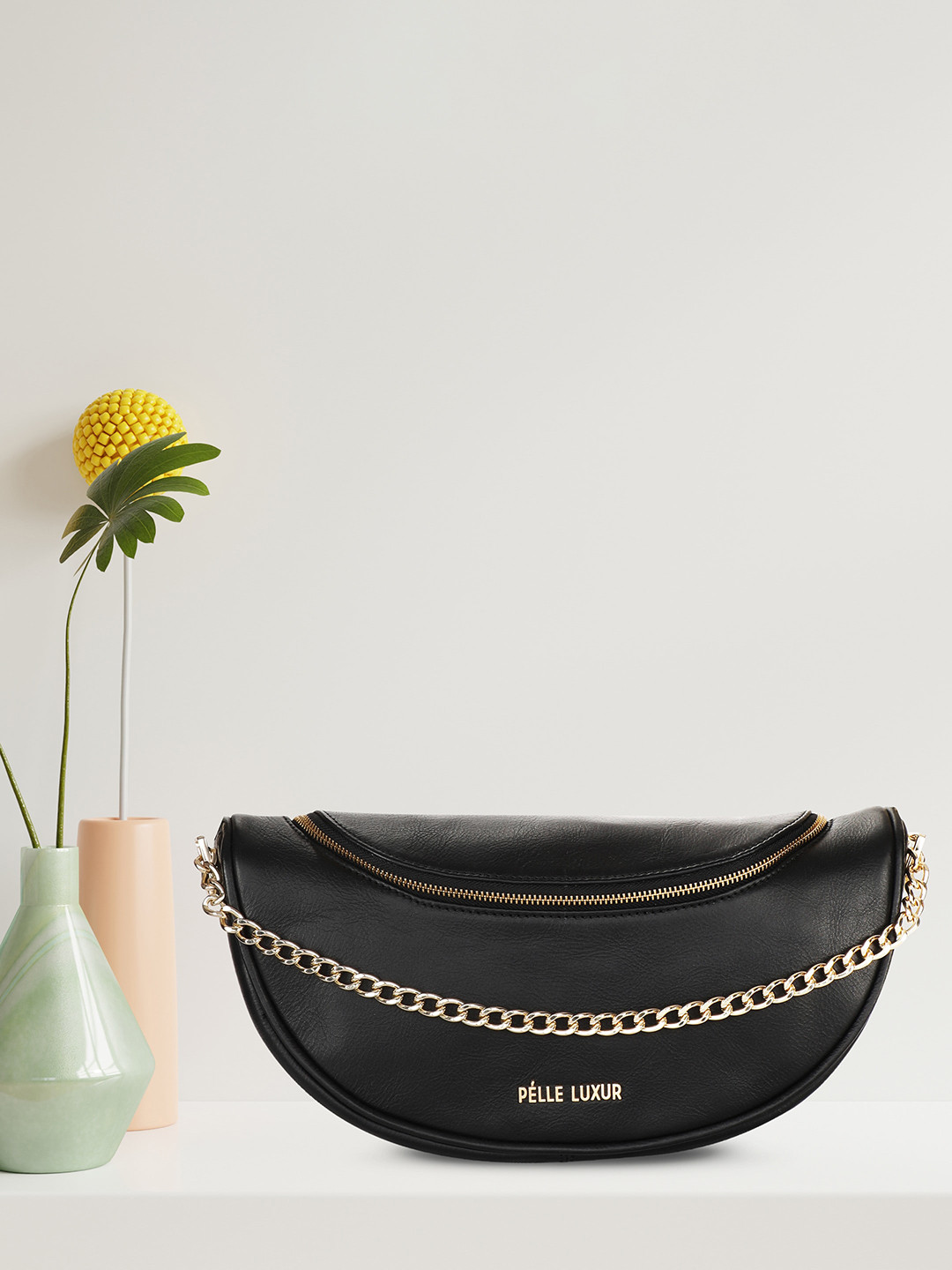 PELLE LUXUR Women Black Leather Half Moon Shoulder Bag with Tasselled