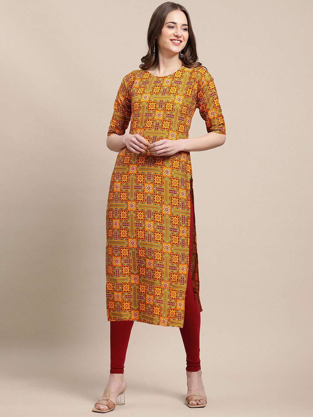 7Threads Women Multicoloured Geometric Printed Chikankari Block Print Crepe Kurta