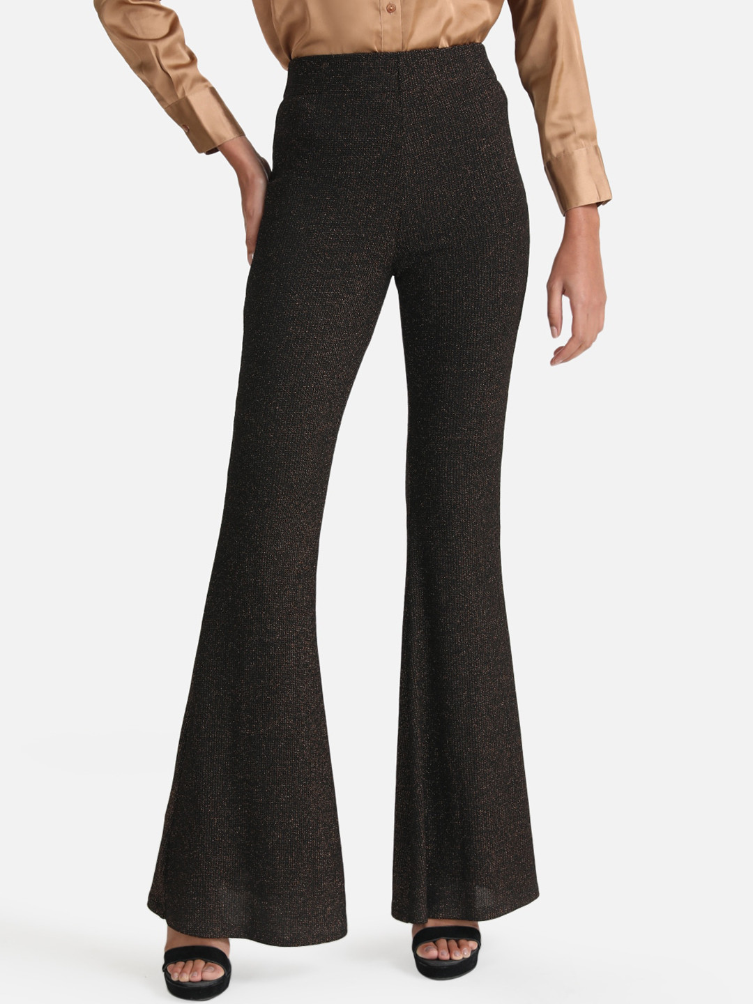 Kazo Women Copper-Toned Textured Flared High-Rise Trousers