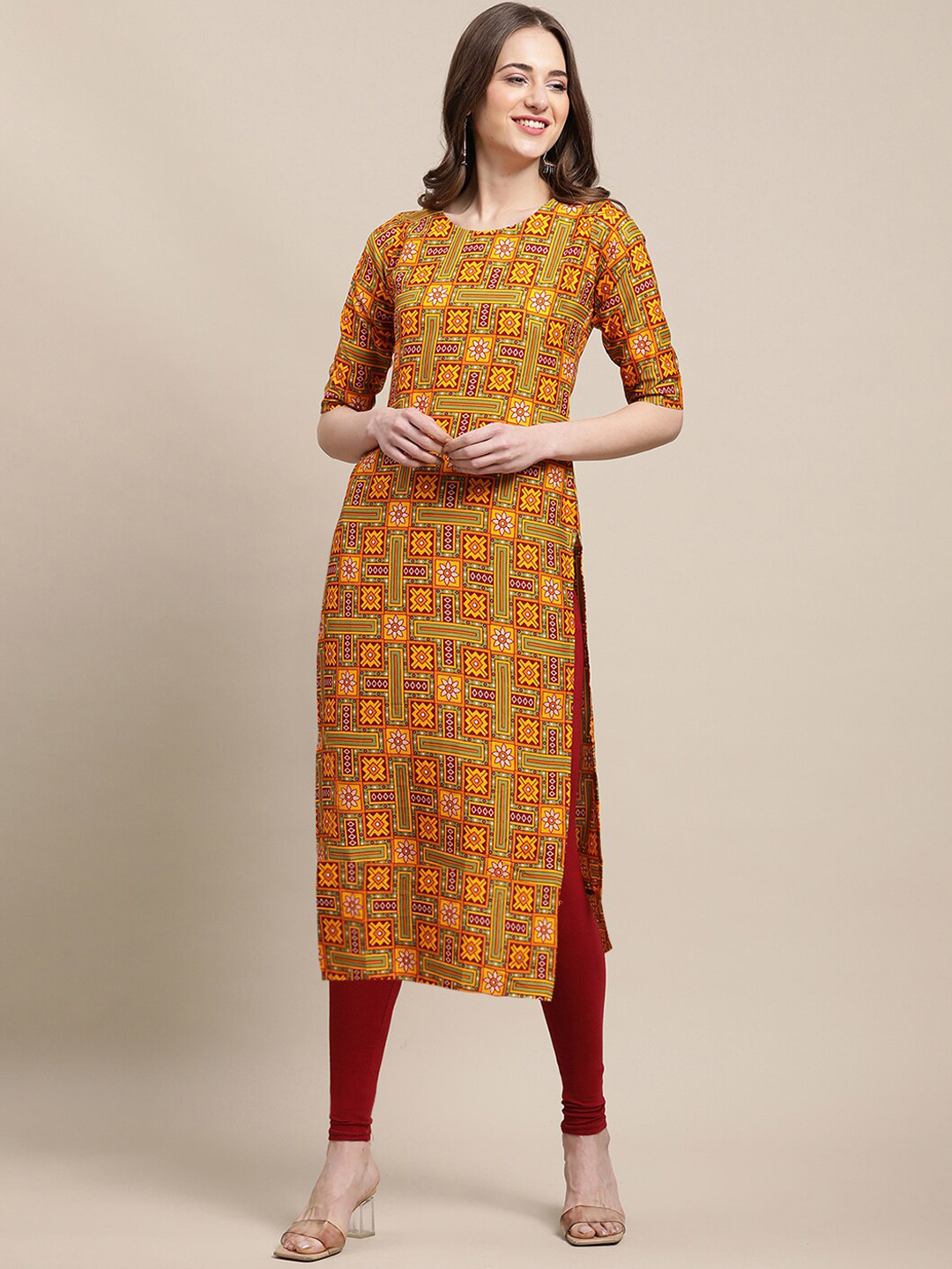 7Threads Women Multicoloured Geometric Printed Chikankari Block Print Crepe Kurta