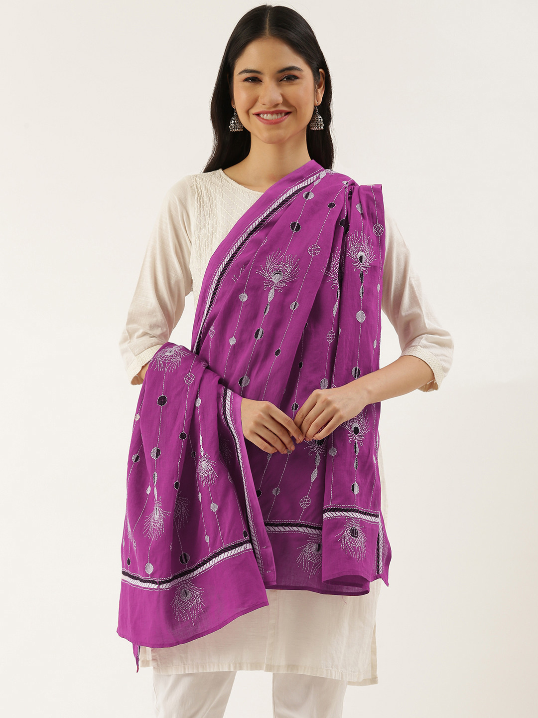 ArtEastri Pink & Black Kantha Embroidered Pure Cotton Dupatta