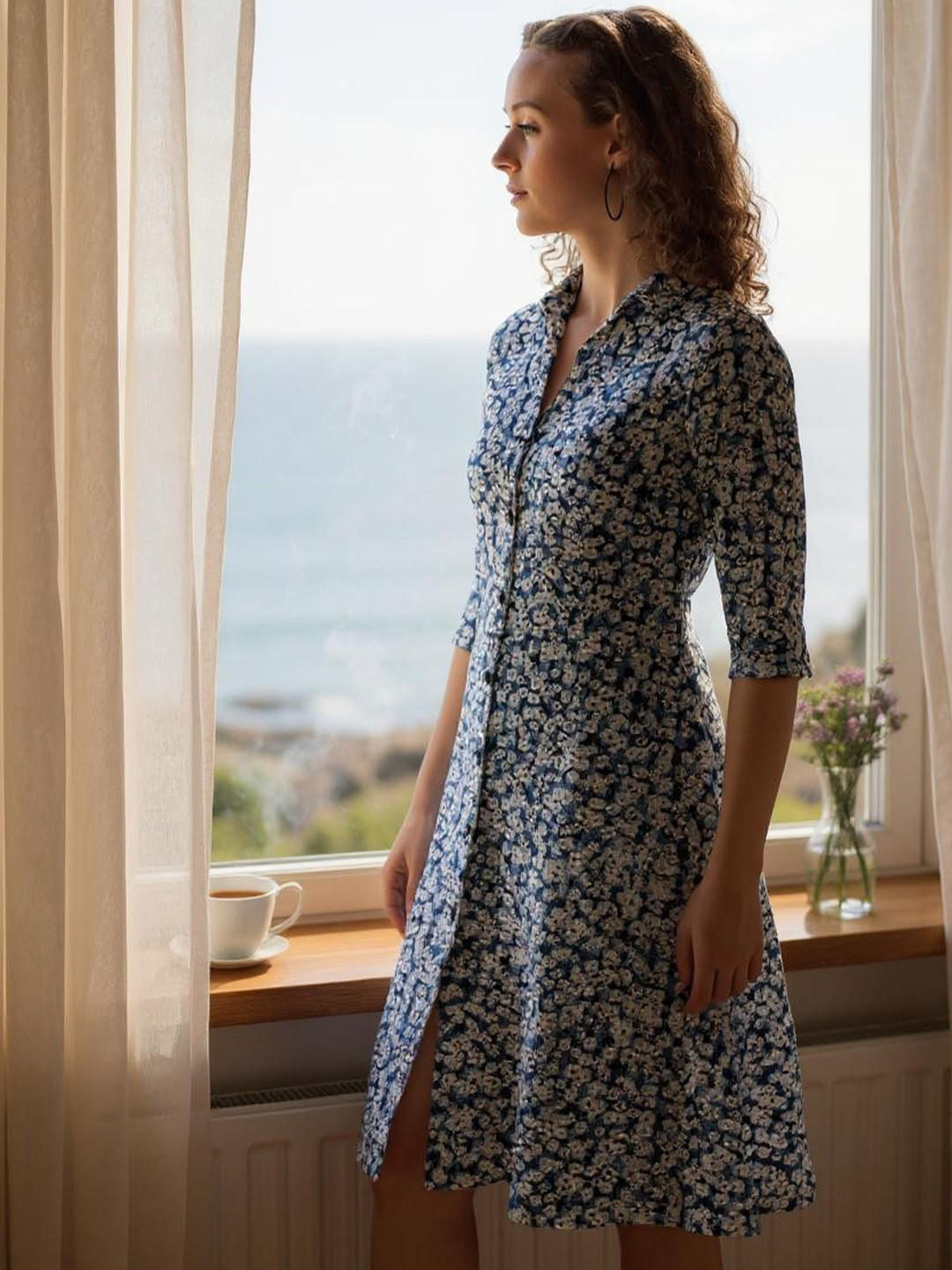 Hive91 Women Blue & White Floral Shirt Dress