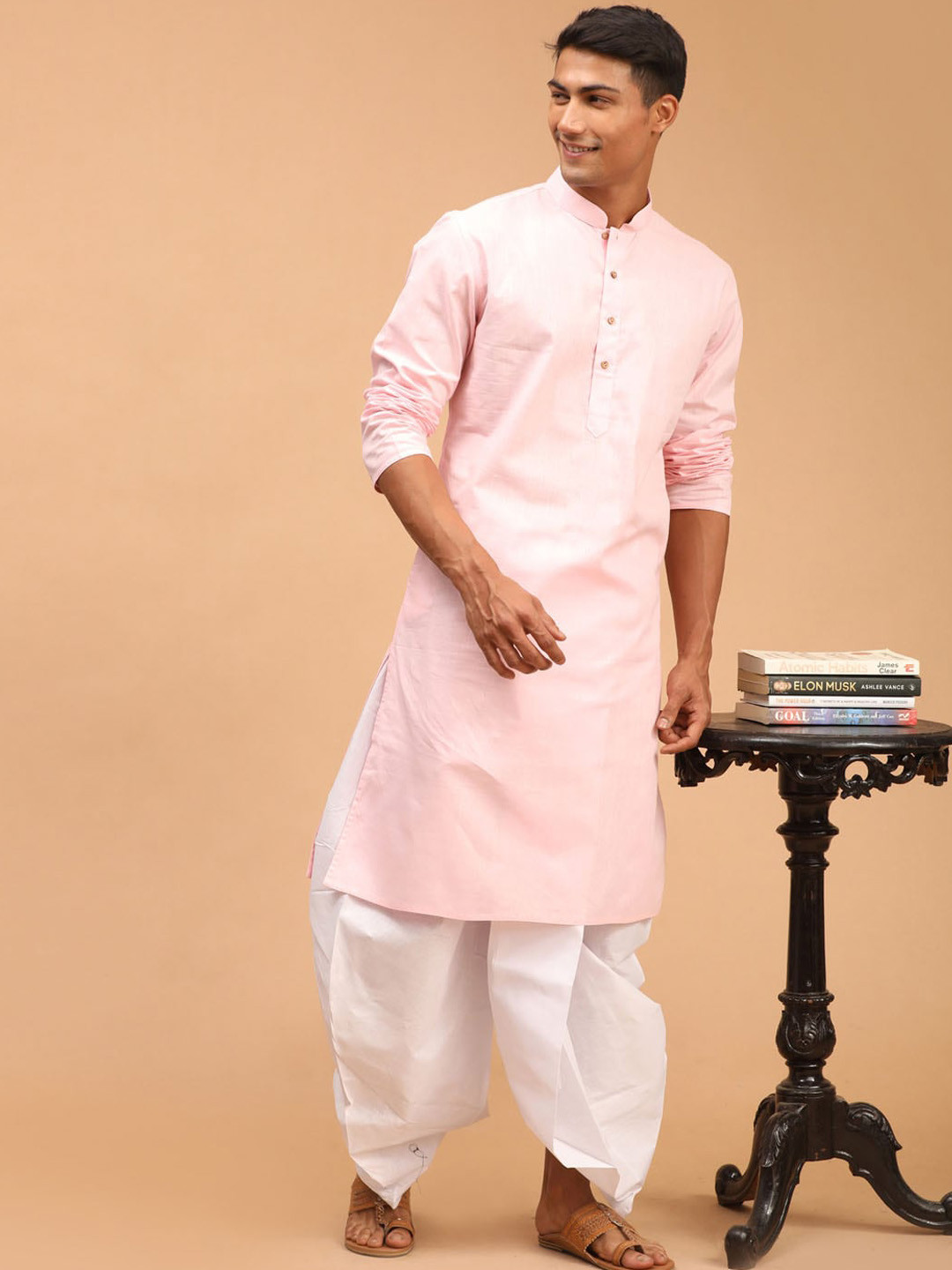 VASTRAMAY Men Pleated Solid Kurta with Dhoti Pants