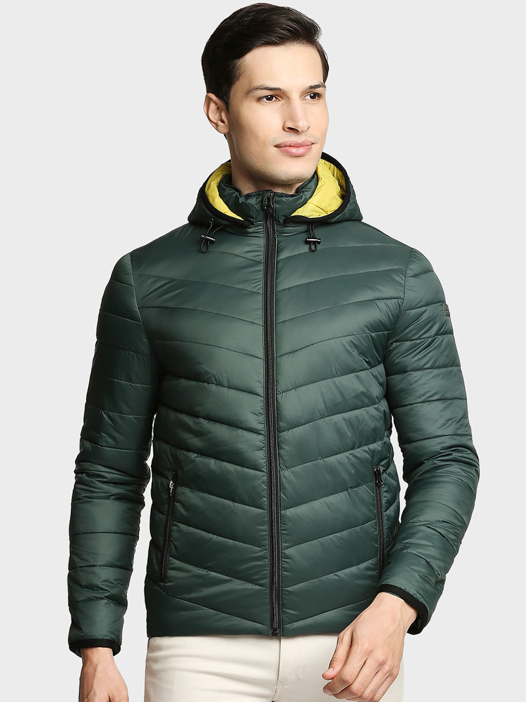 ColorPlus Men Green Longline Padded Jacket with Patchwork