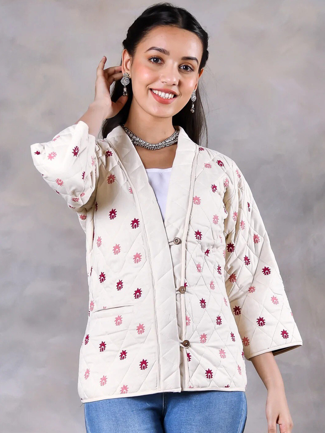 Rustorange Women Off White Floral Print Quilted Jacket