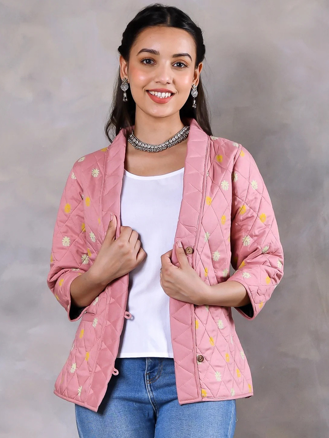 Rustorange Women Pink Floral Print Quilted Jacket