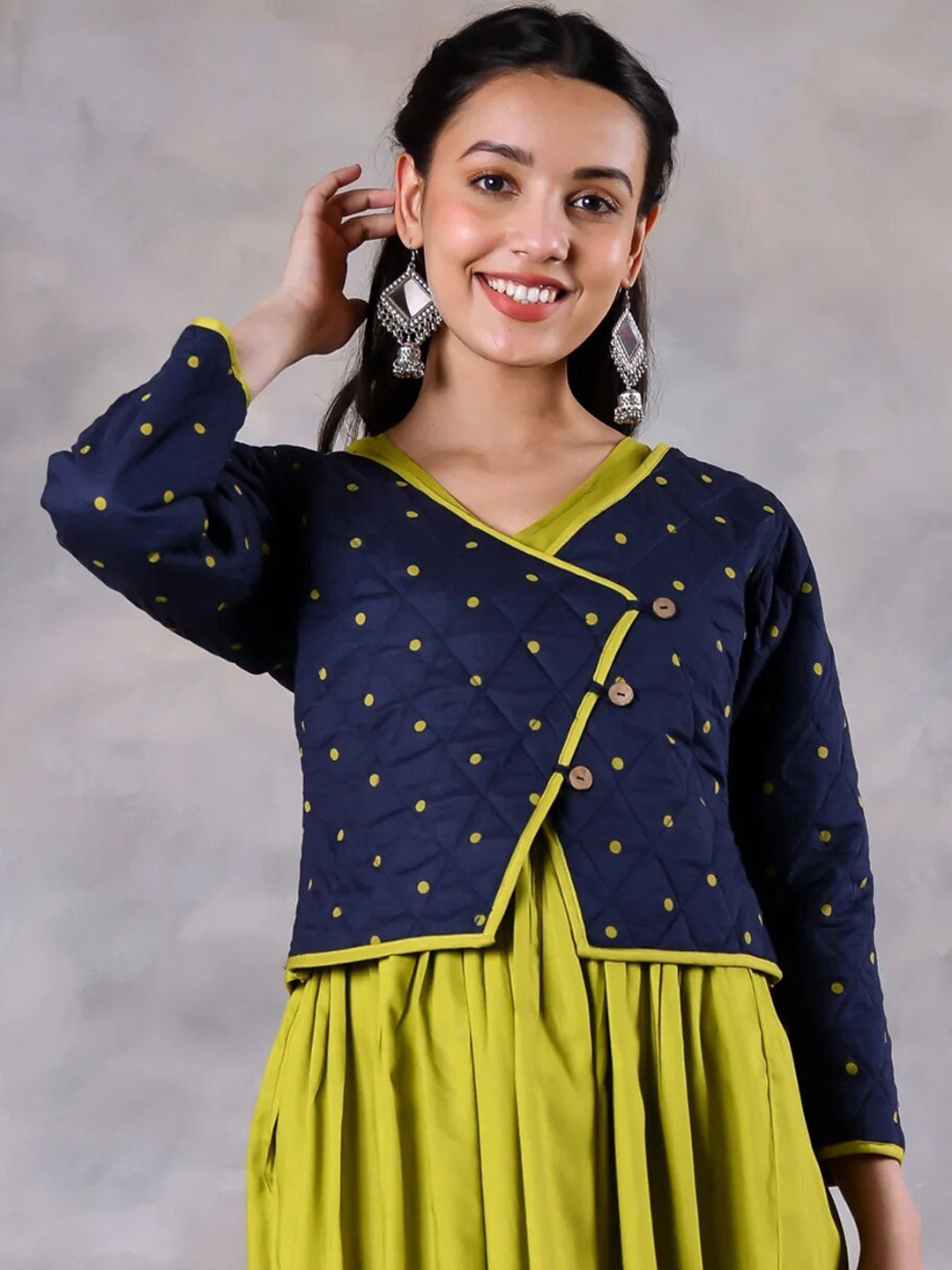 Rustorange Women Blue Geometric Longline Tailored Jacket
