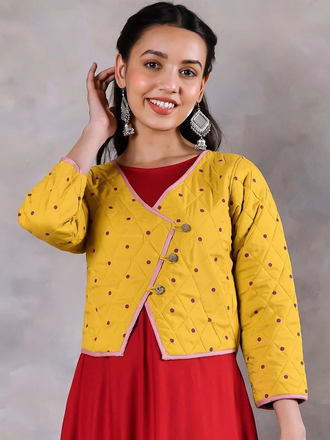 Rustorange Women Mustard Geometric Longline Tailored Jacket