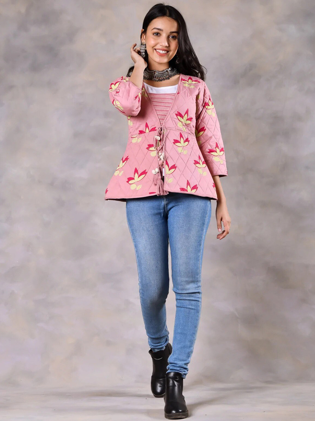Rustorange Women Pink Floral Longline Tailored Jacket with Embroidered