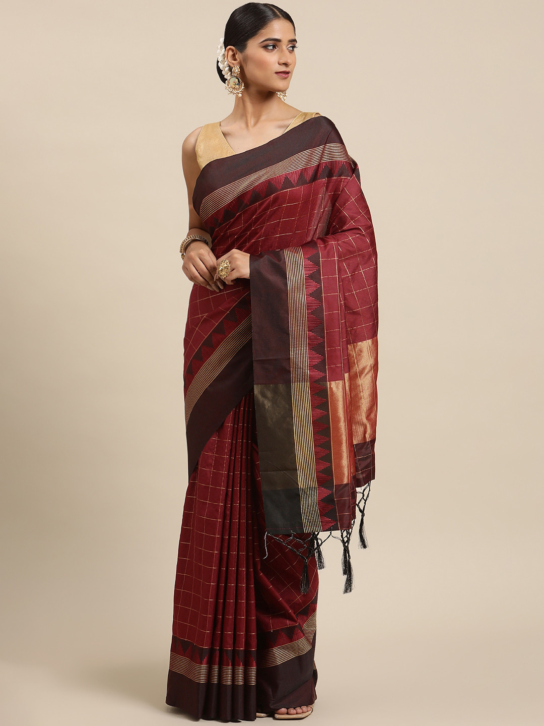 VISHNU WEAVES Maroon & Brown Checked Zari Banarasi Saree