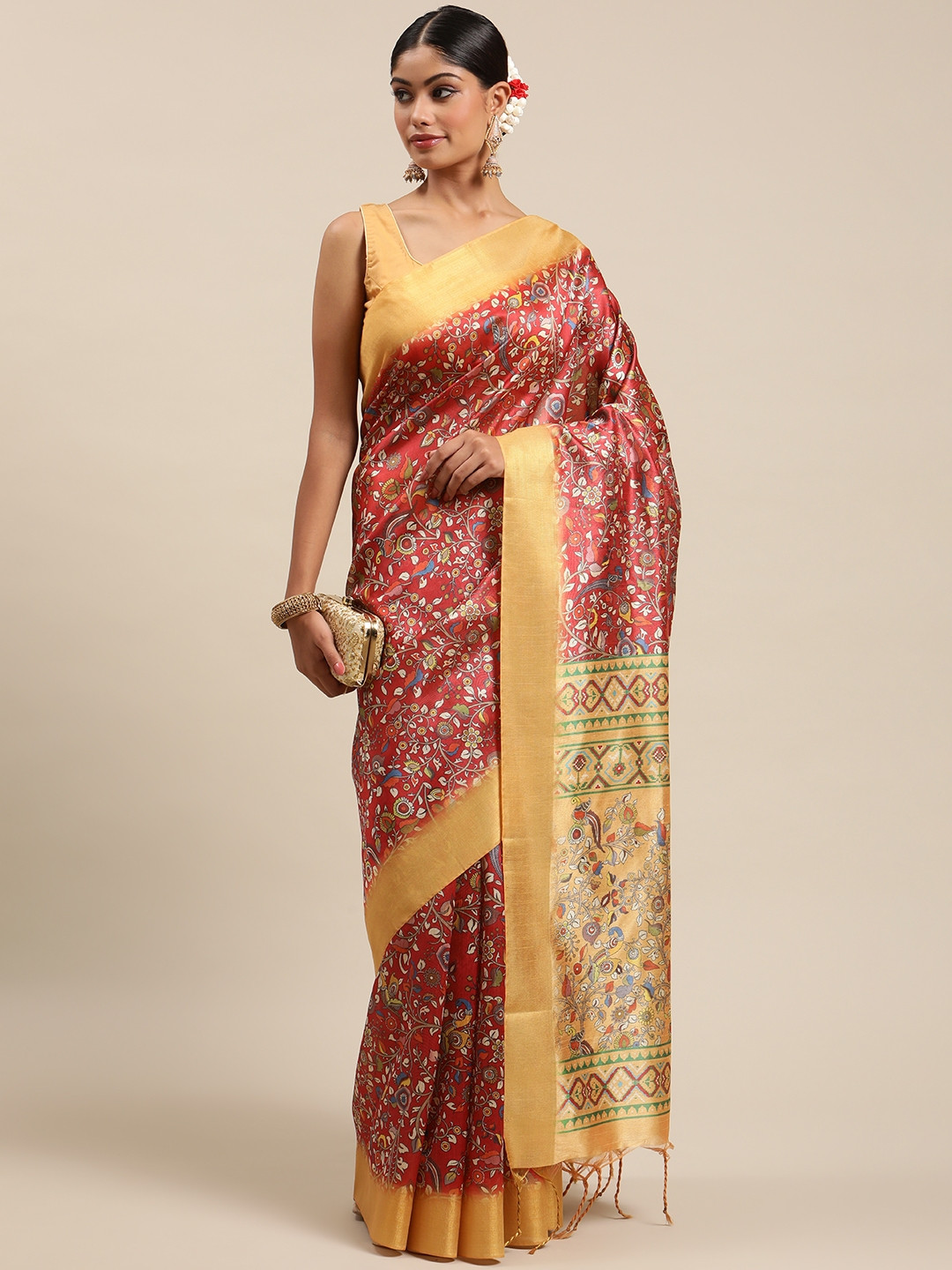 VISHNU WEAVES Maroon & Yellow Kalamkari Zari Silk Cotton Tussar Saree