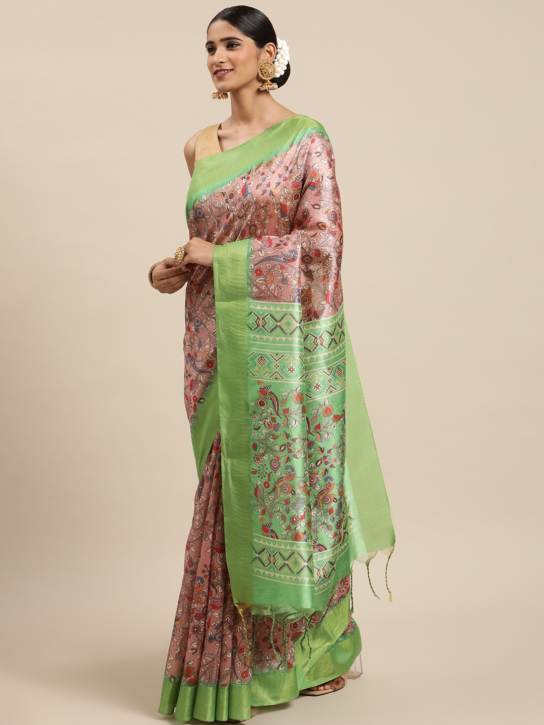 VISHNU WEAVES Peach-Coloured & Green Kalamkari Zari Silk Cotton Saree