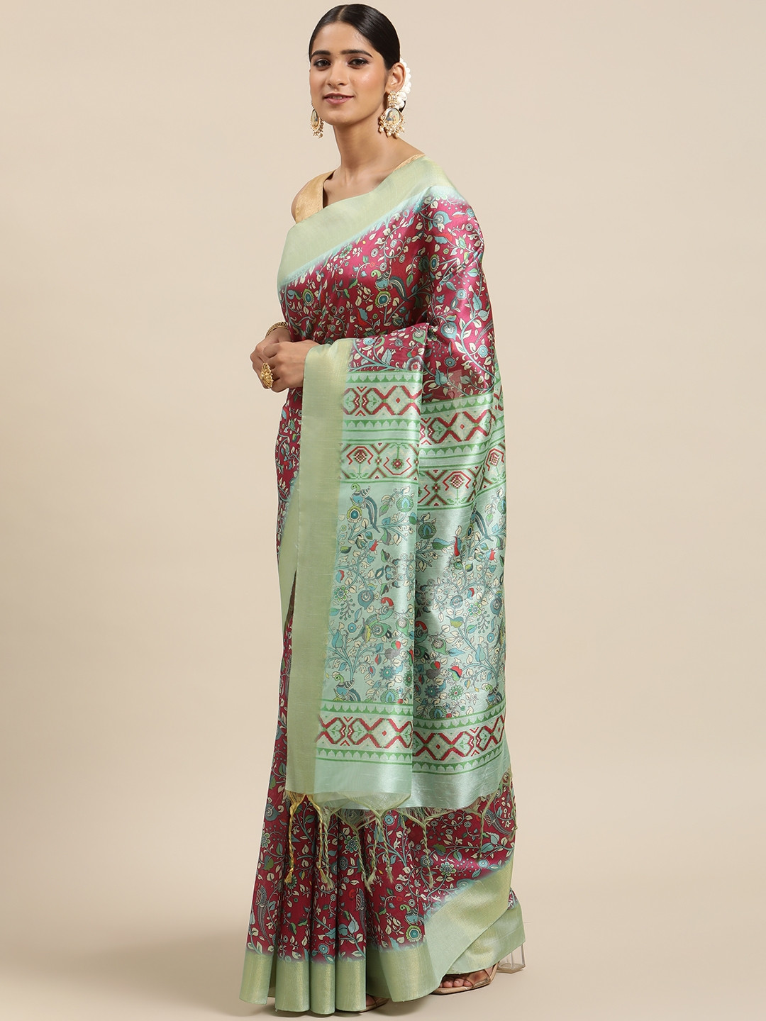 VISHNU WEAVES Magenta & Sea Green Kalamkari Zari Silk Cotton Tussar Saree