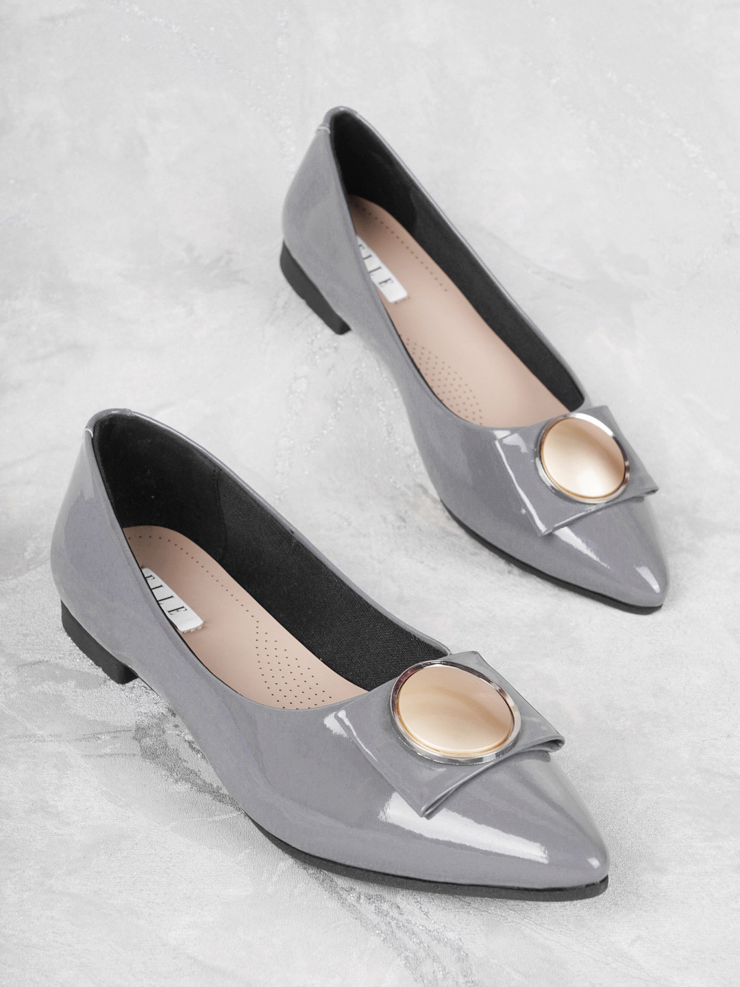 ELLE Women Grey Textured Ballerinas with Bows Flats