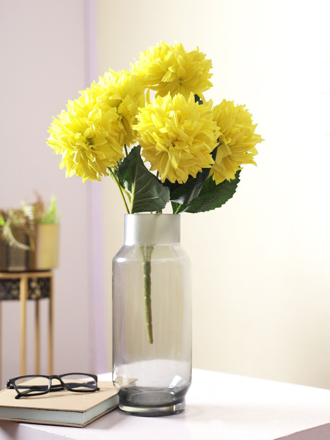 TAYHAA Yellow & Green Textured Artificial Chrysanthemum Flowers