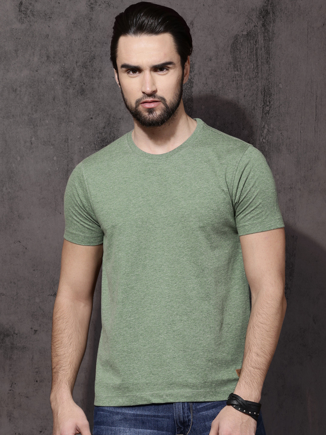 Roadster Men Green Melange Solid Round Neck T-shirt