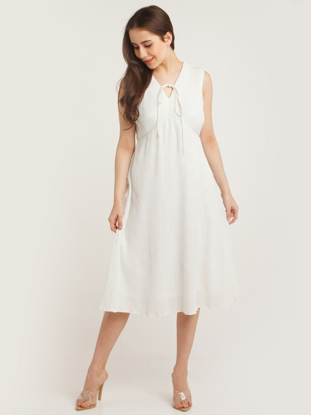 Zink London White Tie-Up Neck A-Line Midi Dress