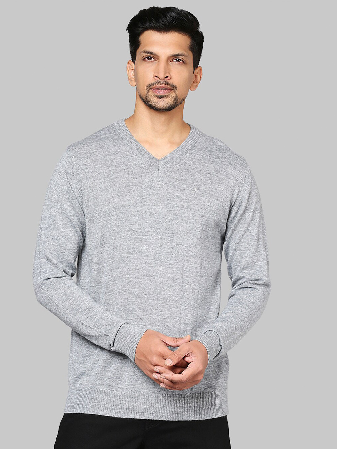 Raymond Men Grey Solid Pullover Sweater