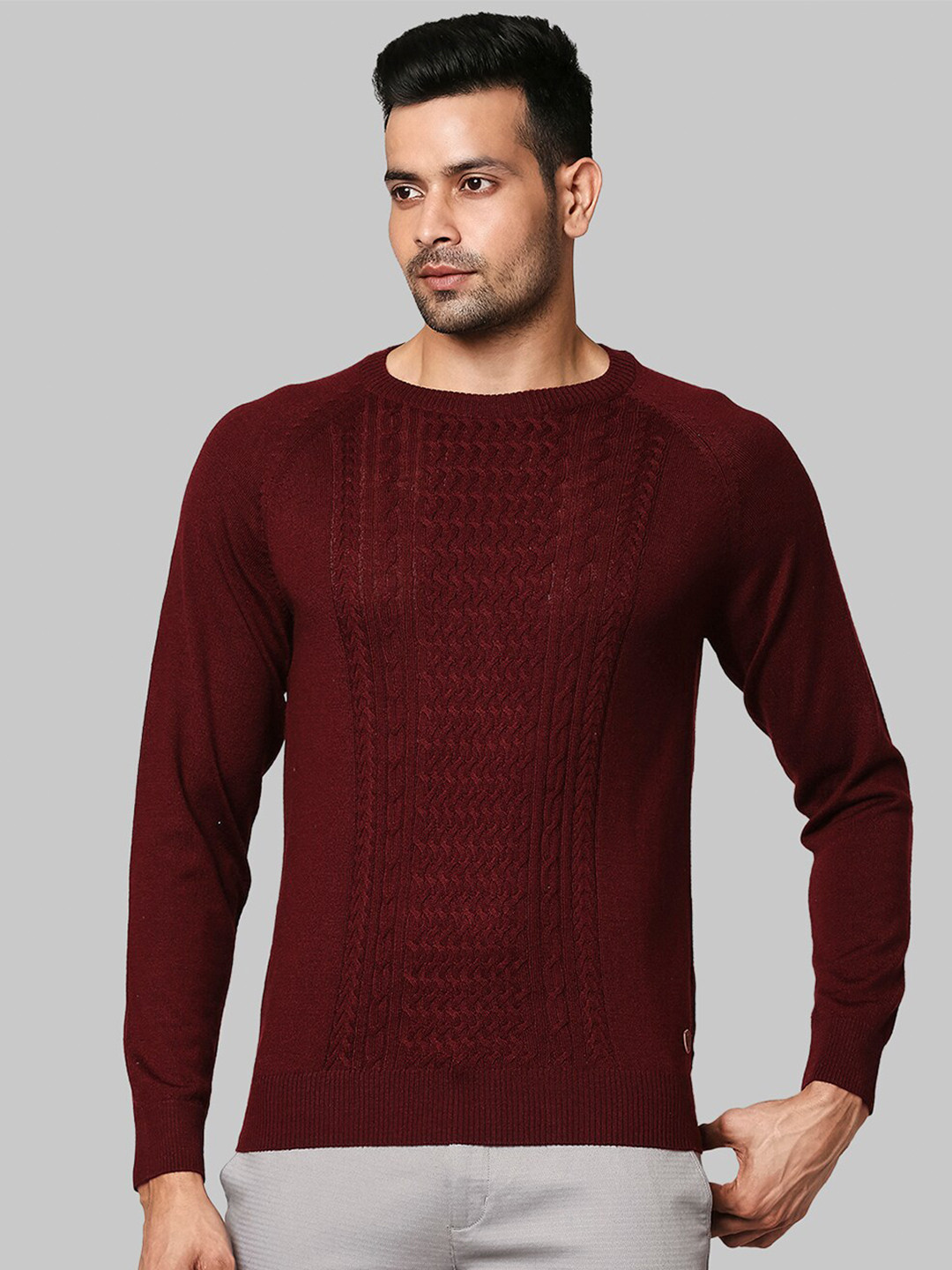Raymond Men Maroon Cable Knit Pullover